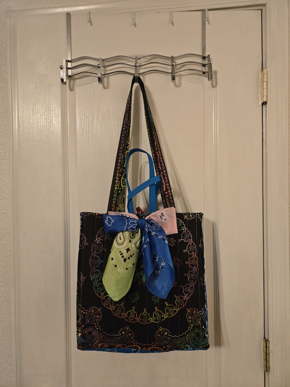 Colorful Bandana-Accent Black Tote Bag